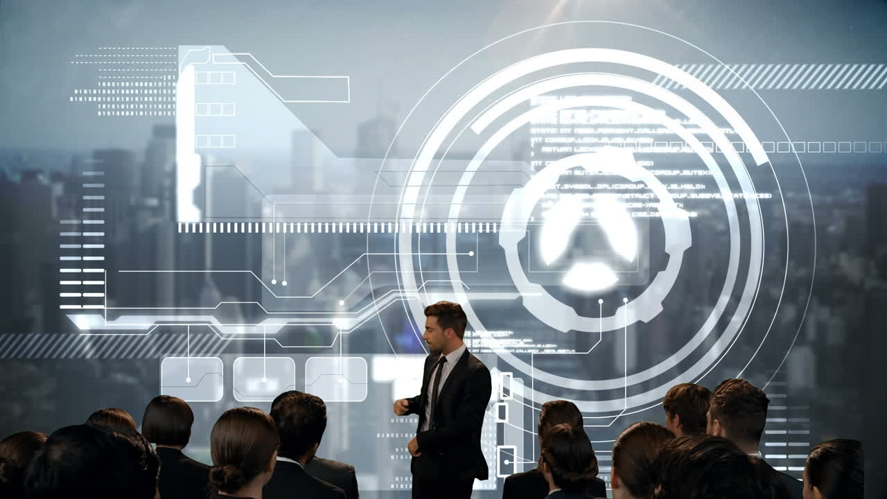 다양한 데이터와 도시 풍경에 대한 프레젠테이션을 하는 코카서스 사업가의 애니메이션