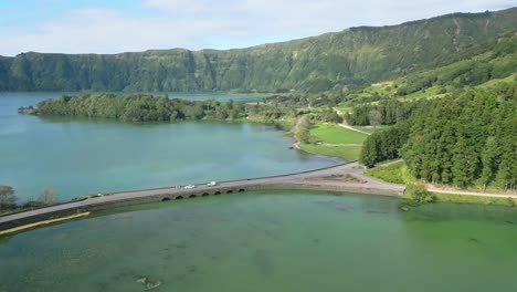 Beautiful-aerial-view-of-Miradouro-Sete-Cidades-in-the-Azores-on-a-sunny-day