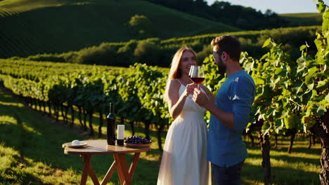 couple enjoying wine in a vineyard at sunset