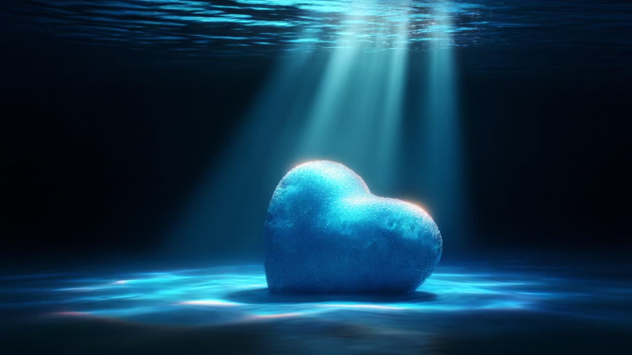 A mesmerizing blue heart shape rests under shimmering water, illuminated by beams of light, creating a tranquil underwater scene that evokes feelings of love and serenity