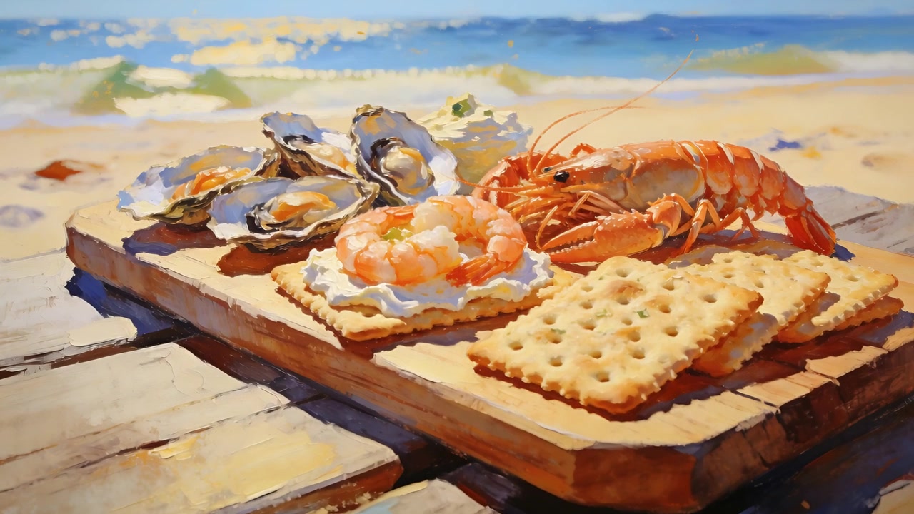 Tightening camera framing revealing wood board at pier, showing shrimp, oysters, cracker detail
