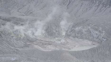 close-up of steaming volcanic crater with sulfur vents and ash-laden terrain