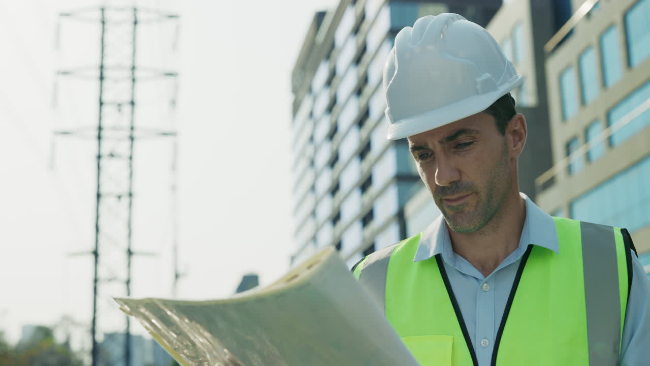 Construction worker inspecting blueprints on site