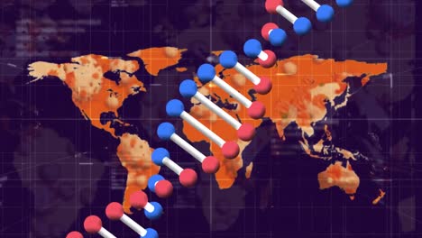 Animation-of-rotating-dna-strand-over-data-processing-and-world-map,-on-black