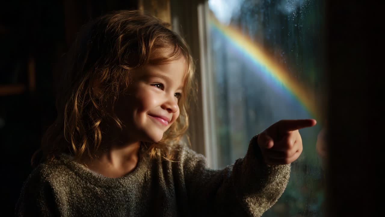 A Joyful Moment Captured: A Young Child's Delight as She Points at a Beautiful Rainbow Visible Through a Rain-Drenched Window, Evoking Wonder and Innocence in a Serene Setting