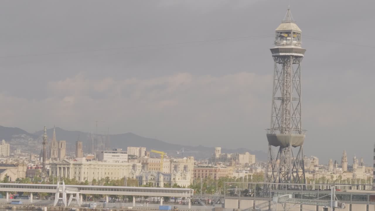 A fast panning view of the Tower of the Montjuic Cable Car in Barcelona, Spain.