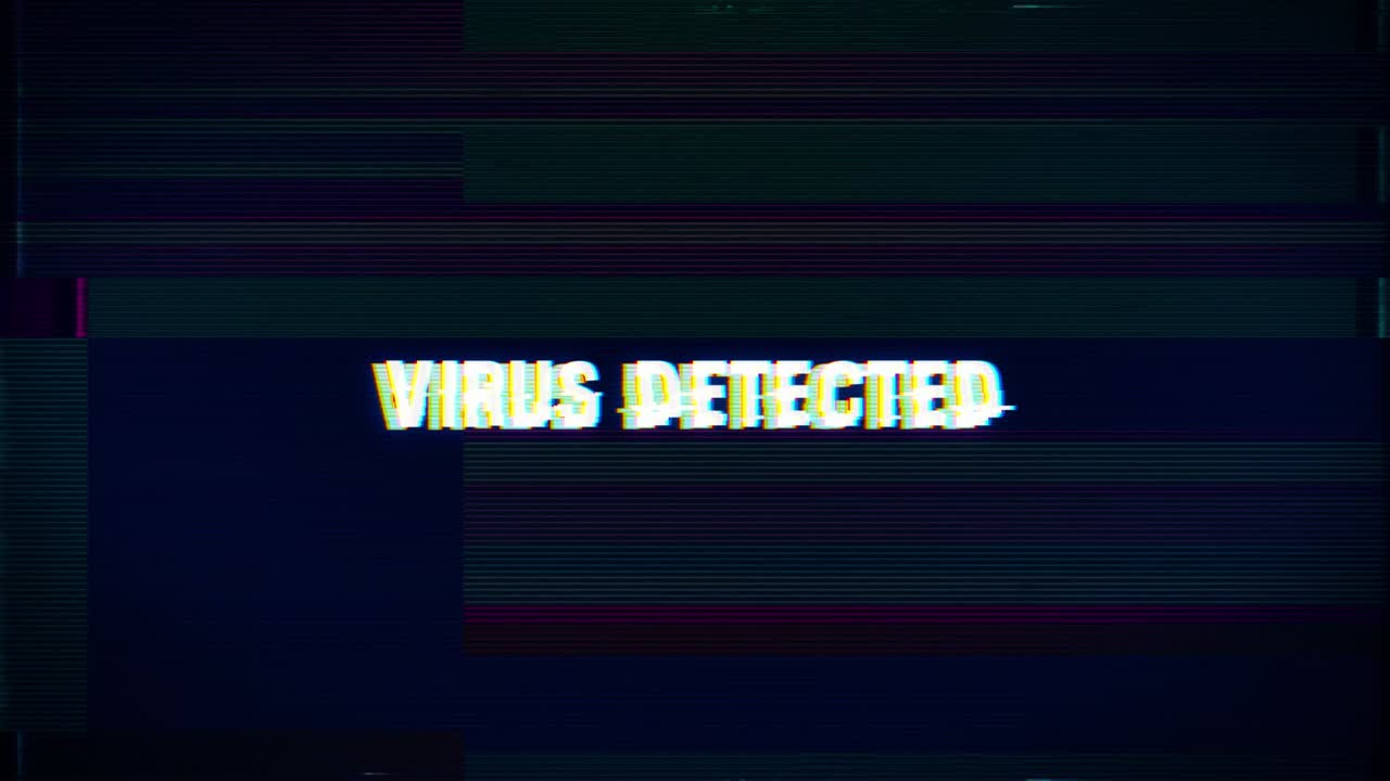 Virus detected warning alert over binary computer code, computer infected with a virus glitch and noise background effect