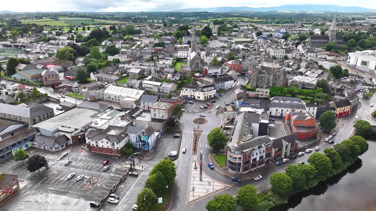 Enniscorthy, Ireland - Aerial birds eye over the river bridge to old town