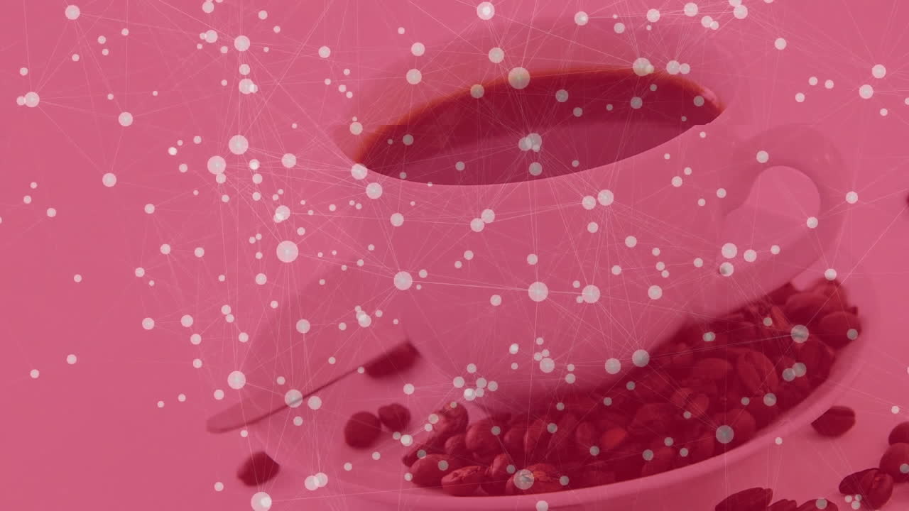 White ceramic coffee cup pouring dark brew while network nodes connecting over pink backdrop