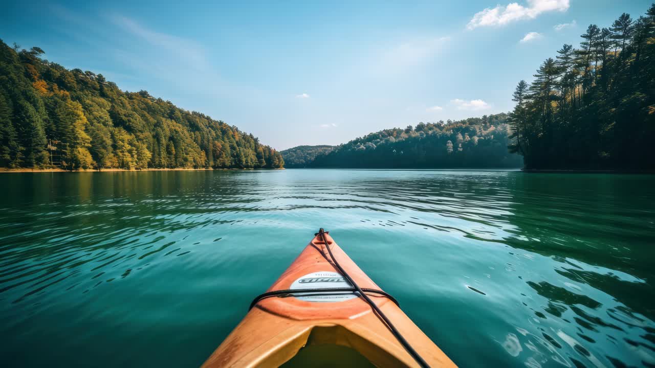 Un fotogramma video sereno di un kayak su un lago tranquillo, catturato da un angolo in prima persona
