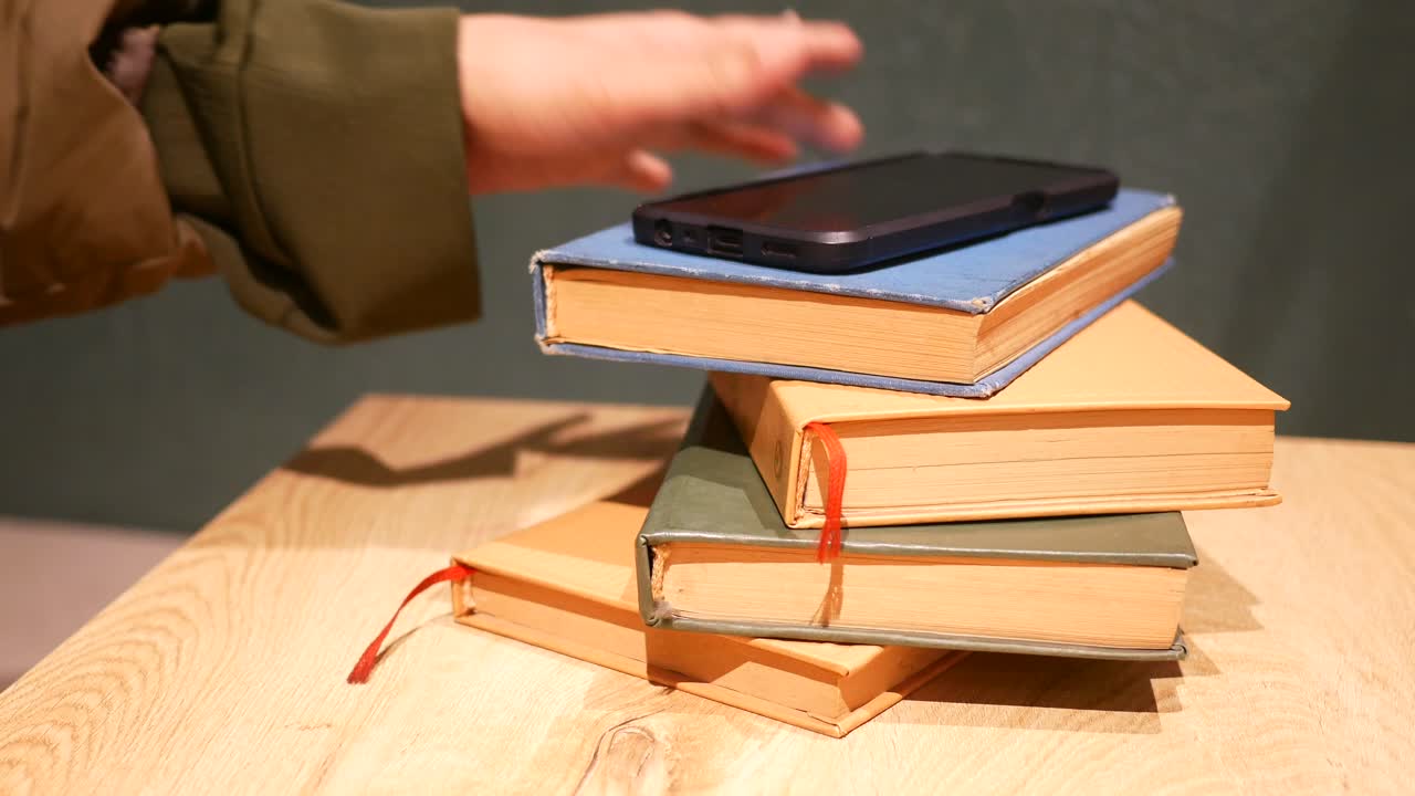 積み重ねられた古い本の中からスマートフォンを手に取る手