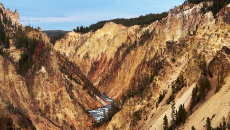 Upper-lower-Falls-Waterfalls-Grand-Canyon-of-the-Yellowstone-National-Park-river-HDR-lookout-artist-point-autumn-Canyon-Village-lodge-roadway-stunning-daytime-landscape-view-cinematic-pan-left-slowly