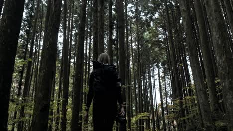 a cinematic video of a girl holding a camera in her hand as she walks with a backpack through the serene nakasendo forest in japan.