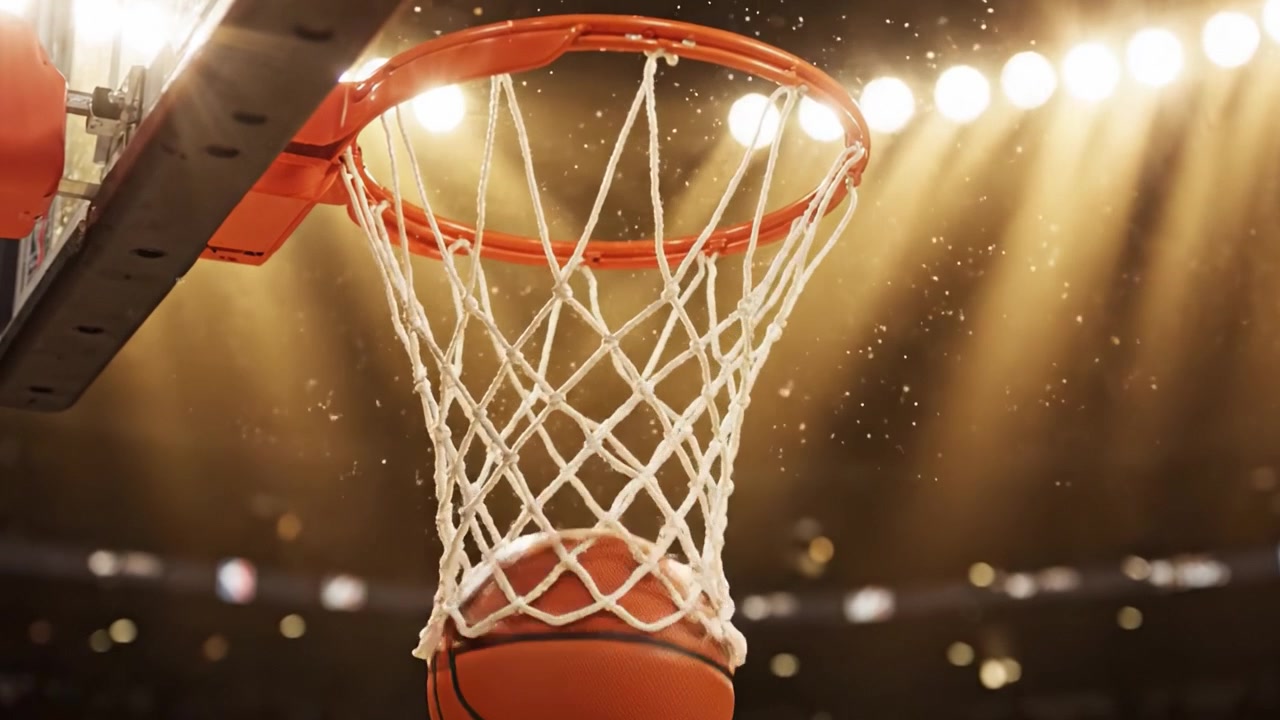 Dinamik Basketbol Aksiyonu: Havada bir topla basketbol potasını gösteren büyüleyici kareler ve arenanın parıldayan ışıkları, maç için çarpıcı bir arka plan sunuyor.