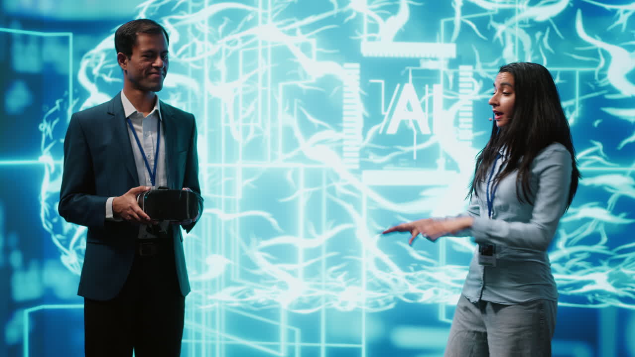 Tech experts presenting VR headset and AI tech during summit ...