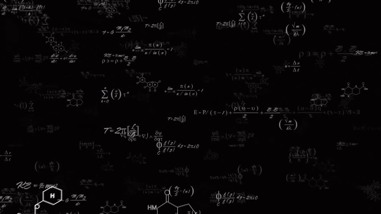 animación de ecuaciones matemáticas, fórmulas y diagramas flotando contra un fondo negro.