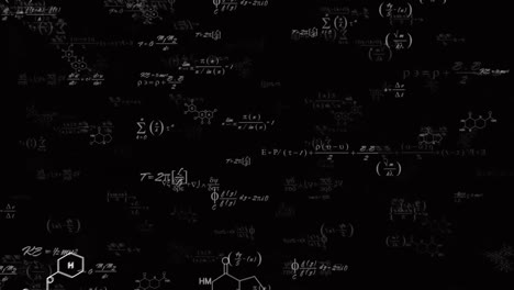 Animation-of-mathematical-equations,-formulas-and-diagrams-floating-against-black-background