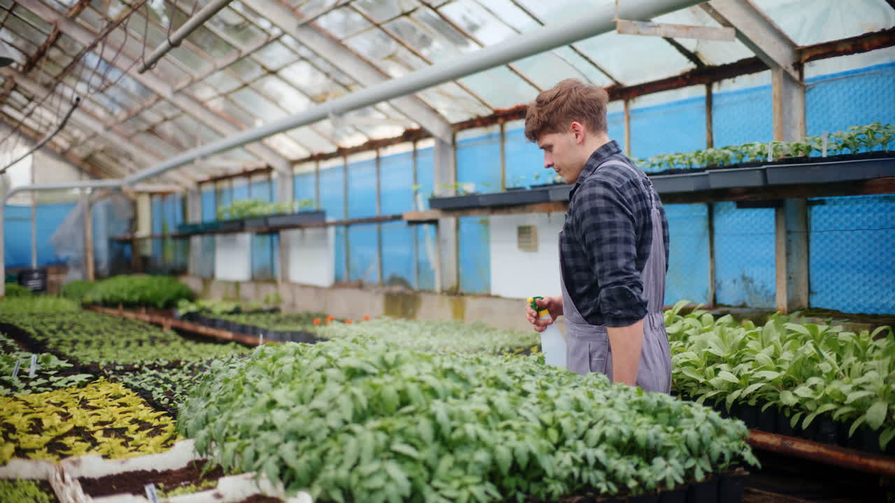 agricultor que riega las plantas en el invernadero