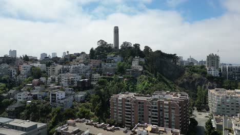 approaching aerial drone shot of coit tower and telegraph hill san francisco