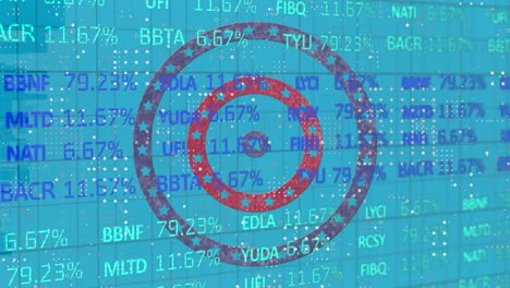 Stock-market-data-processing-over-stars-on-spinning-circles-against-blue-background