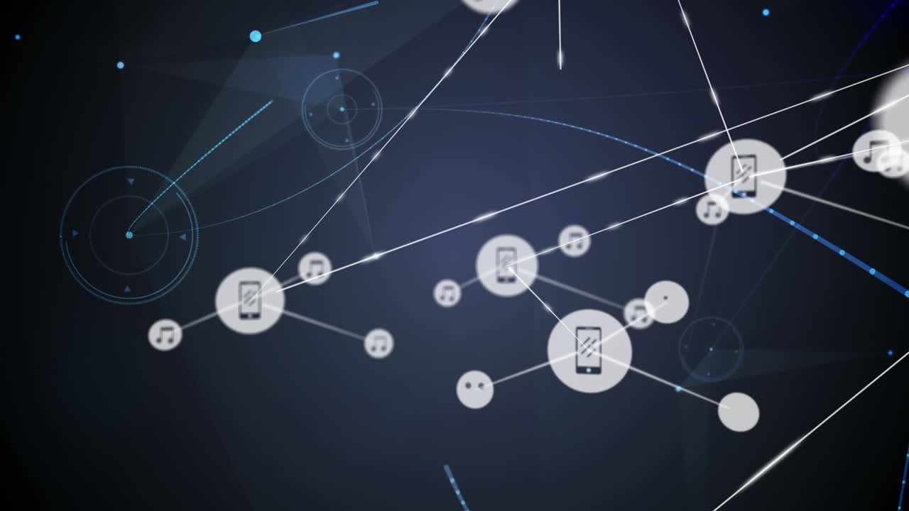 Animation of networks of connections with icons on black background