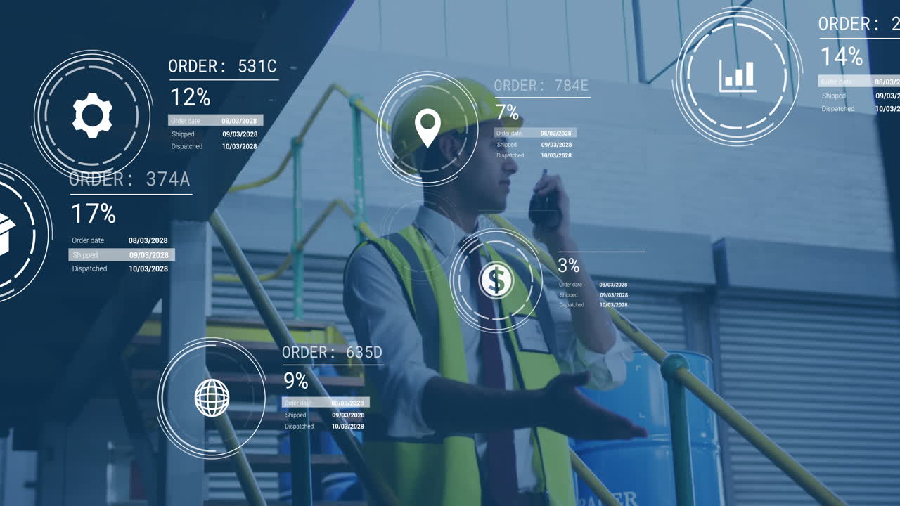 Industrial worker using walkie-talkie, data processing animation over factory background