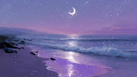 a serene moonlit beach with gentle waves rolling in and a beautiful starry sky above
