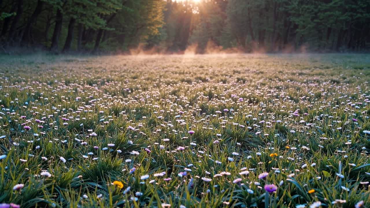 la luz dorada del sol se filtra a través de los árboles del bosque brumoso, proyectando rayos cálidos a través de la pradera cubierta de flores silvestres, revelando un paisaje verde durante los momentos serenos del amanecer.