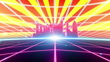 80s retro vhs cinta de videojuego intro paisaje vector arcade wireframe ciudad 4k