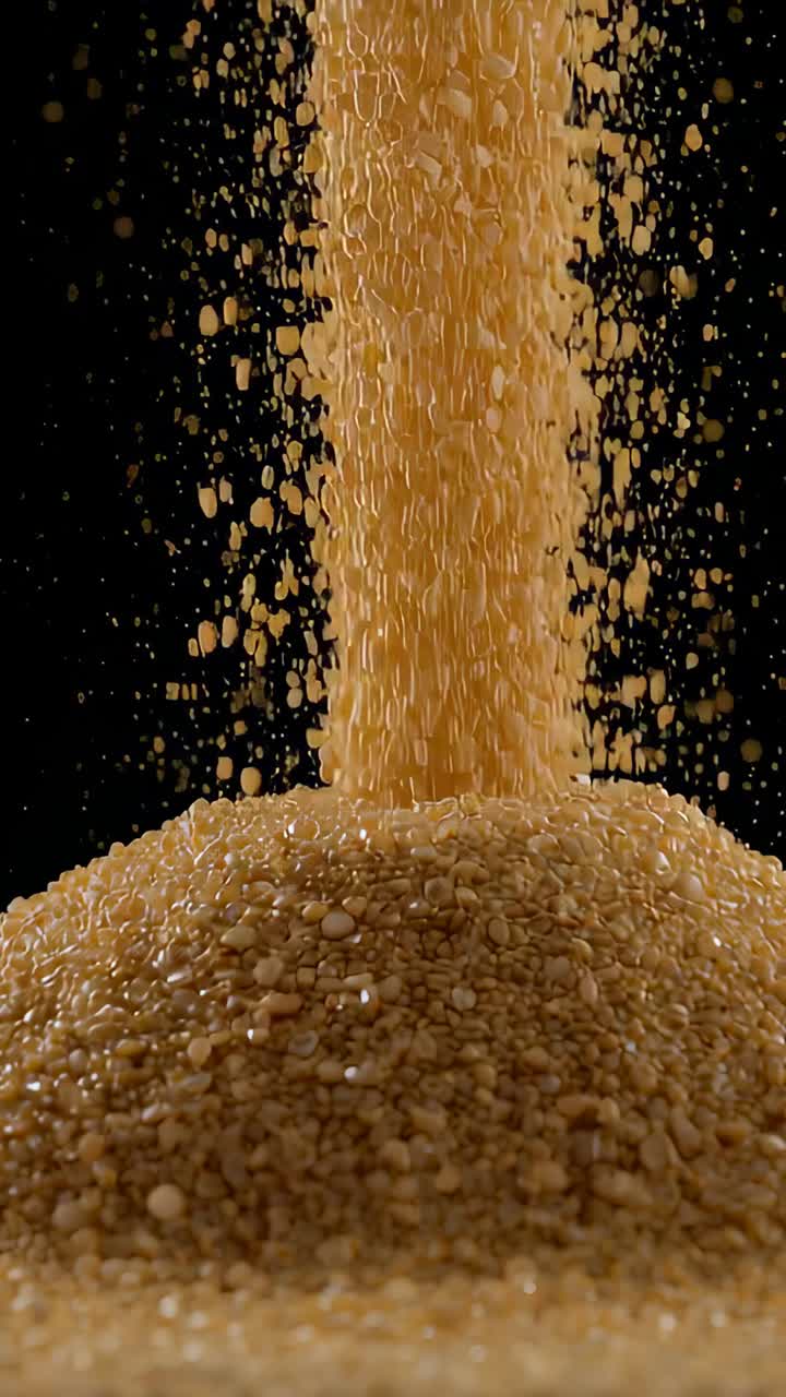 Vertical video: Pouring column of granules accumulating mound on dark backdrop, lit with highlights