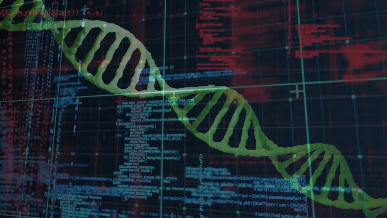animación de estructuras de adn que giran sobre el procesamiento de datos contra un fondo negro