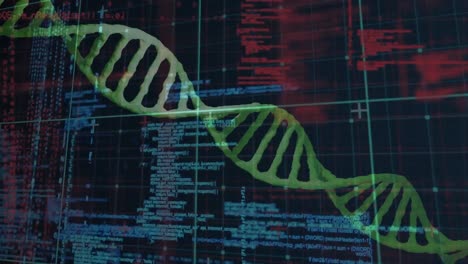 Animation-of-dna-structures-spinning-over-data-processing-against-black-background