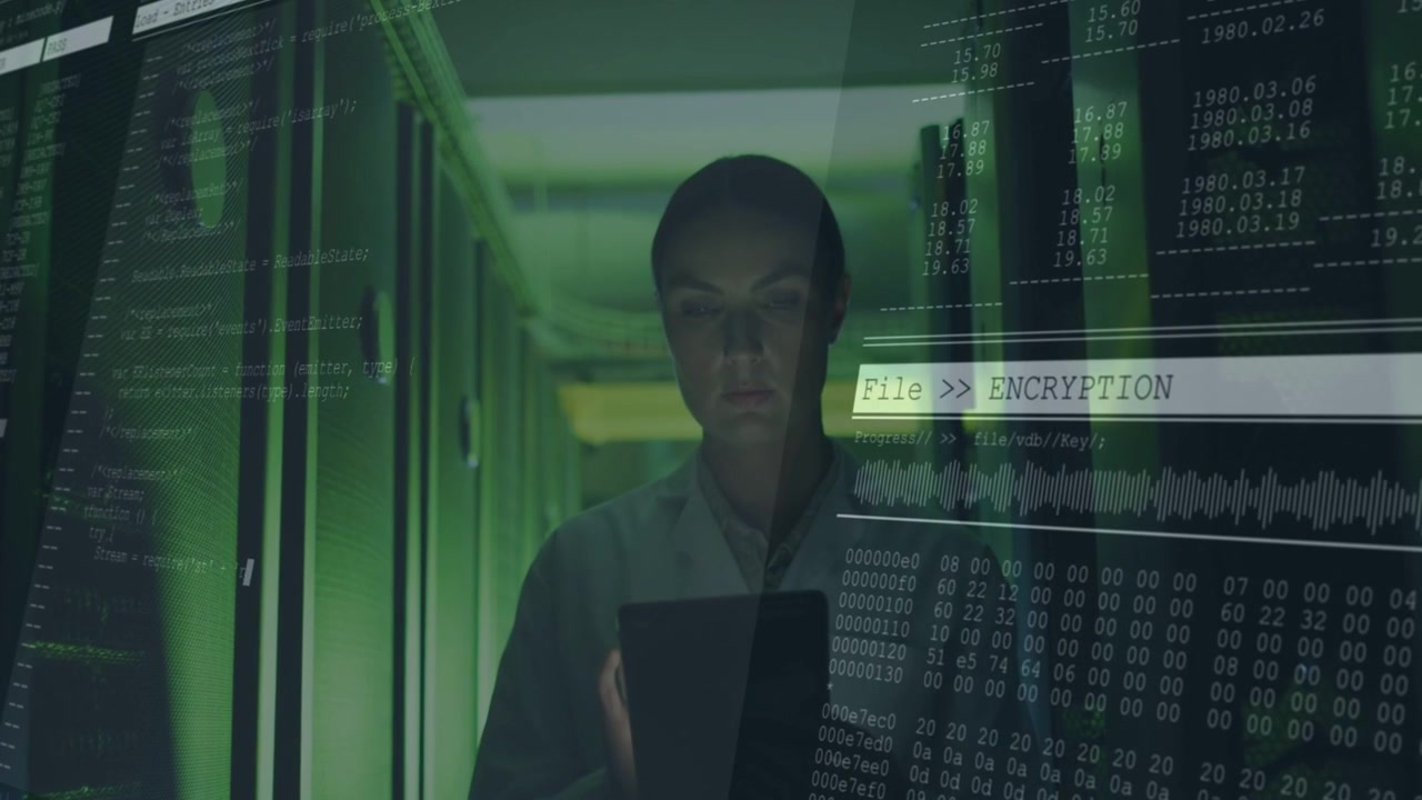 Responding to alert, tech tapping tablet, confirming File ENCRYPTION in server aisle, lab coat