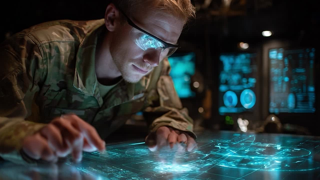 Soldat interagerer med holografisk display i højteknologisk kommandocentral
