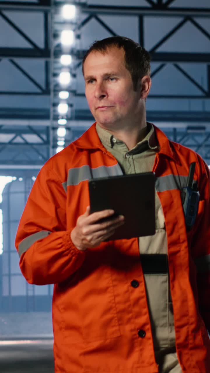 Vertical Video Industrial supervisor monitoring equipment near a workshop station