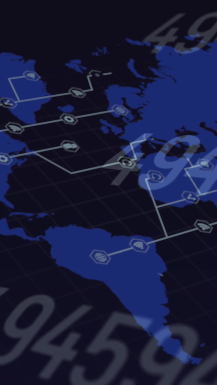 Multiple changing numbers over network of digital icons against world map on black background