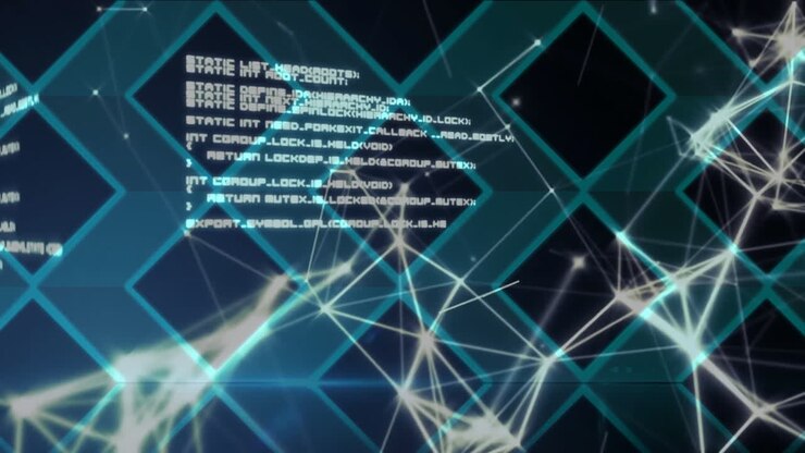 Animated programming code and network connections over geometric shapes on dark background