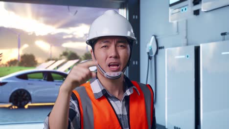 close up of angry asian male engineer with safety helmet shouting at someone while standing with home energy storage system in a modern garage