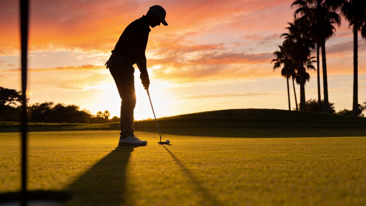 Golfista con cappellino e polo che si allinea, aggiusta la presa e imbuca la palla al tramonto.