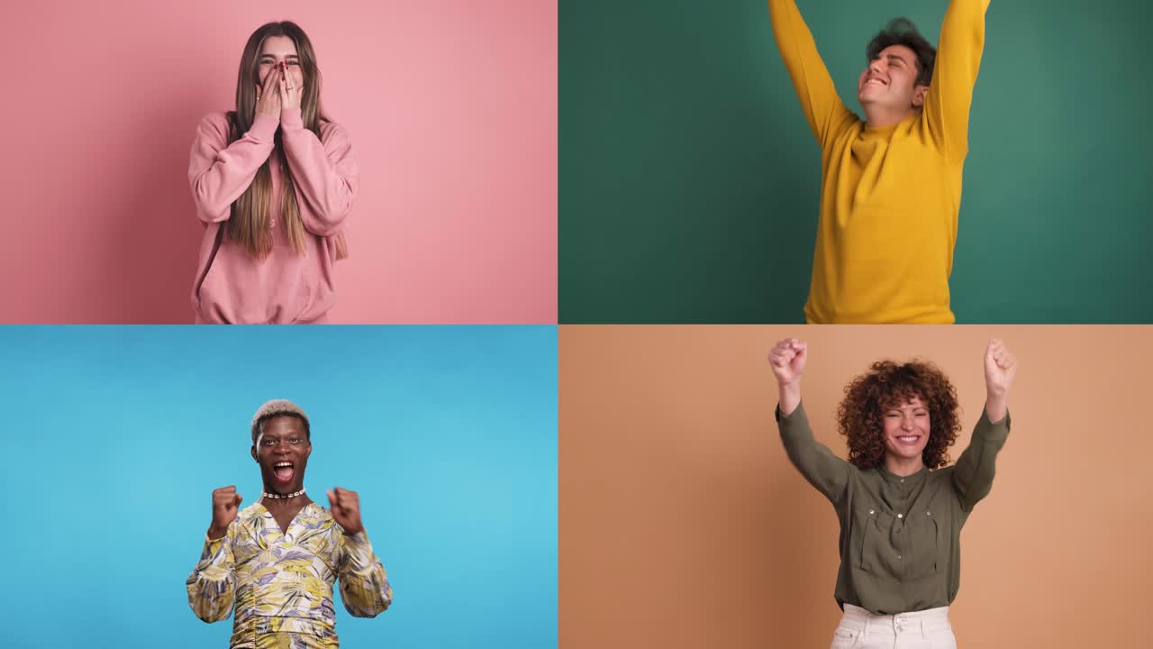 Multiple Screen Montage: Thrilled diverse men and women so excited