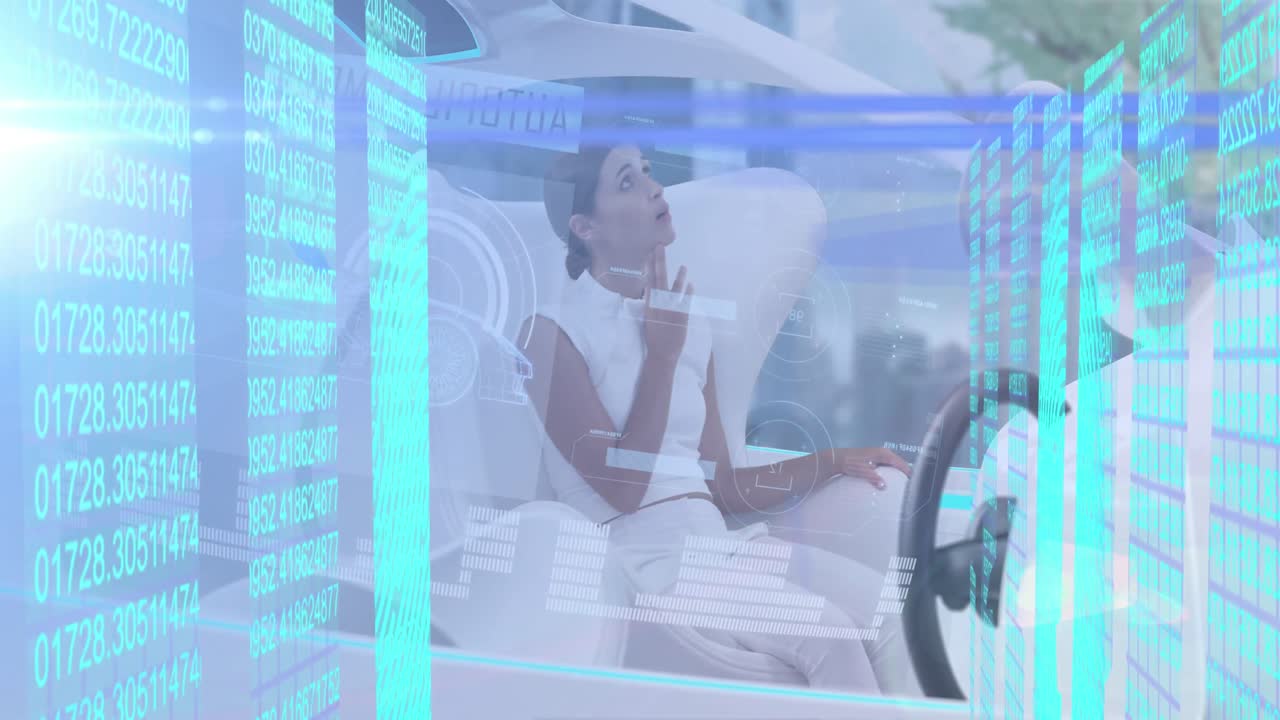 자율주행 자동차에 있는 여성에 대한 생체인식 지문과 데이터 처리의 애니메이션