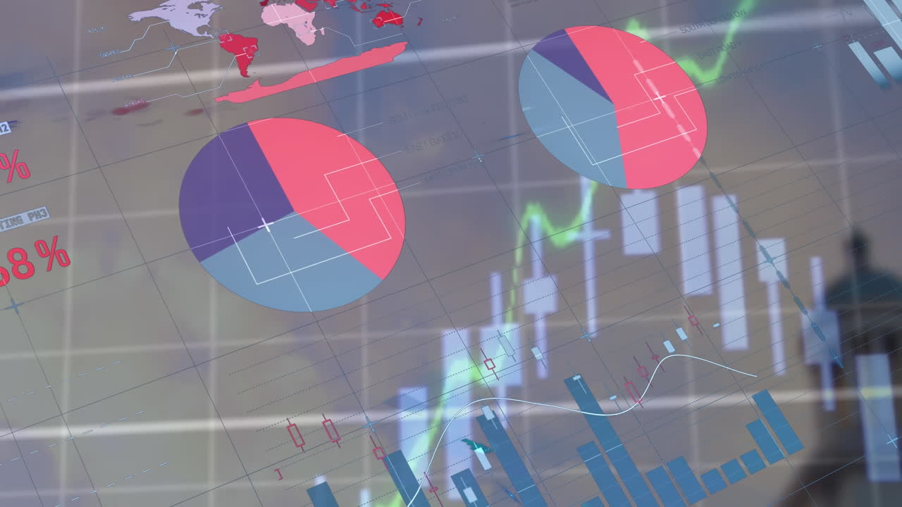 animación del procesamiento de datos estadísticos a través de la red de red contra edificios altos y cielo azul