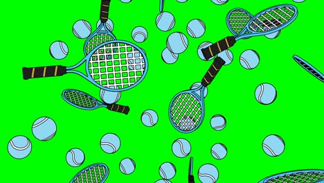 toon style pale blue tennis balls and tennis rackets on green chroma key background.