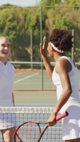 video of happy diverse female tennis players holding rackets and clapping hands