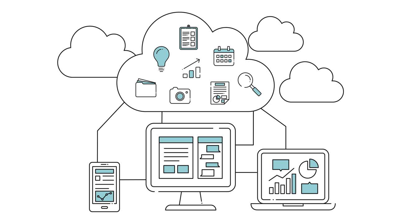 animando dispositivos digitales y la nube. hay elementos de iconos planos para teléfonos, pc, archivos, documentos y datos.