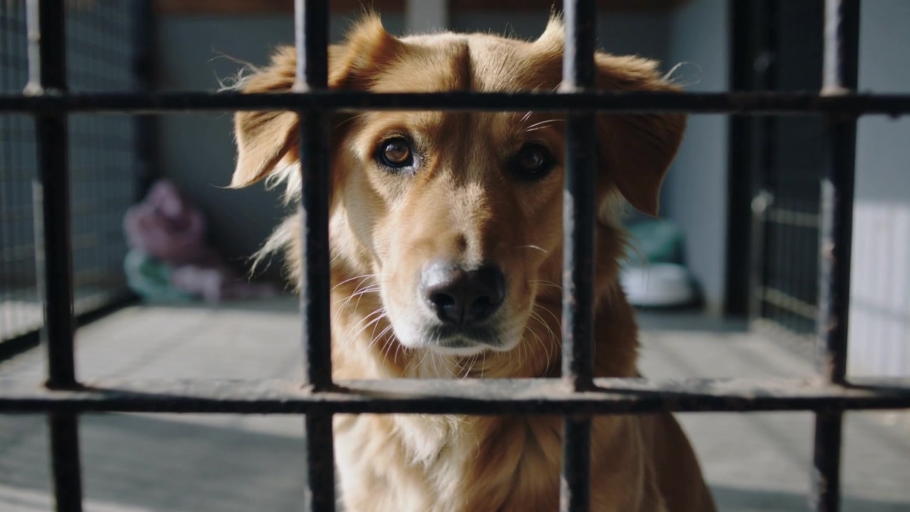 Cámara enfocando, perro canela manteniendo la mirada, moviendo las orejas y buscando atención en una perrera detrás de barrotes de metal