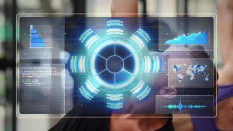 Animation of screen with data processing over diverse people exercising