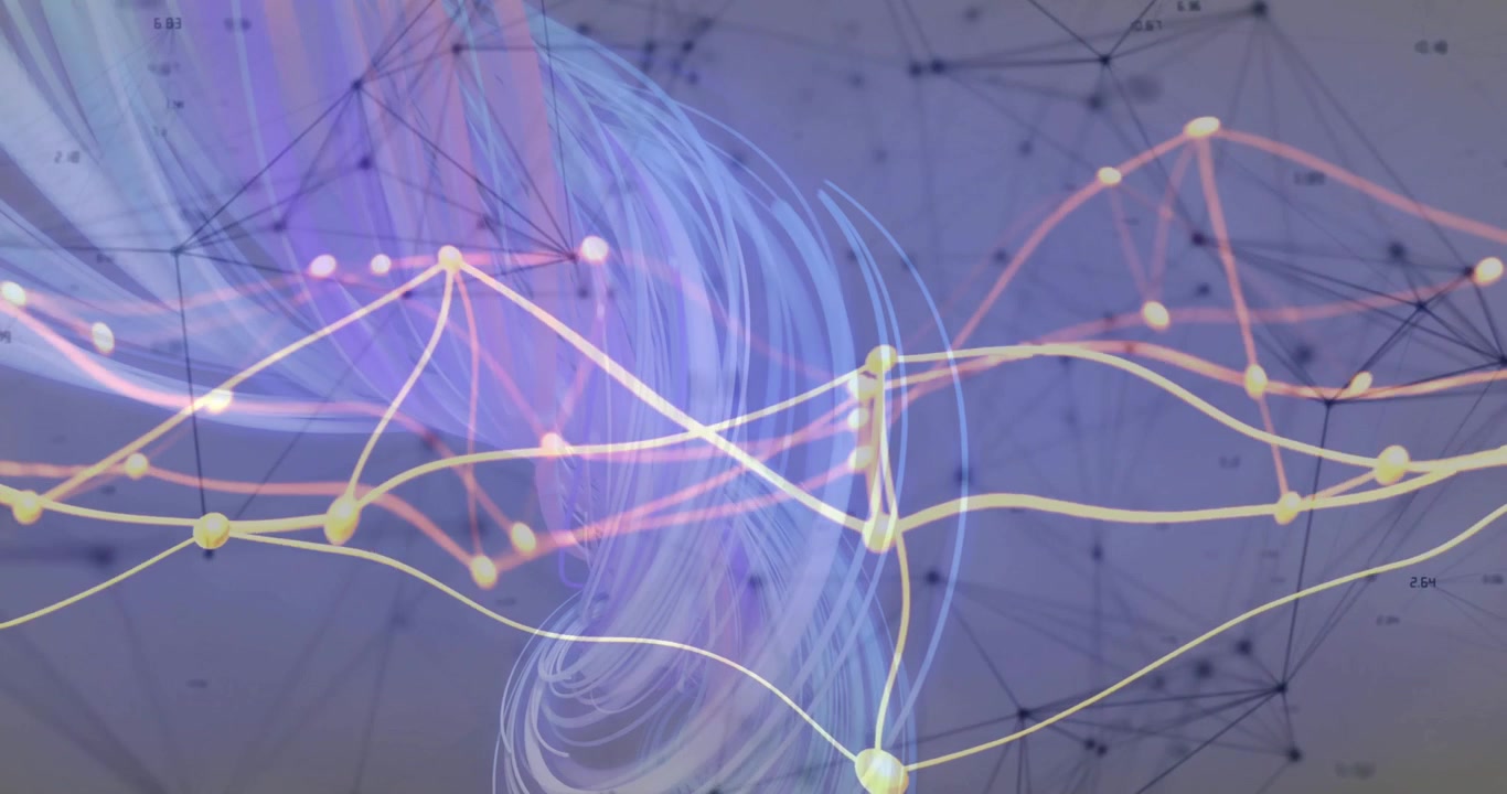 Waveforms sweeping network sparking ribbon emerging into twisting coil rising visualizing data flow