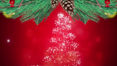 Animation-of-snow-falling-over-christmas-tree-decoration-on-red-background