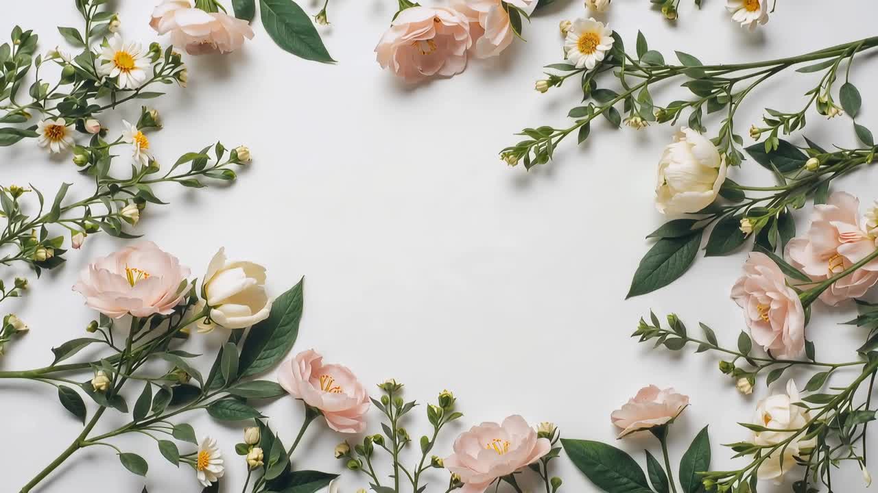 Telecamera che zoomma durante le inquadrature su un bordo floreale flatlay su una scrivania bianca, mostrando rose rosa pallido e margherite.
